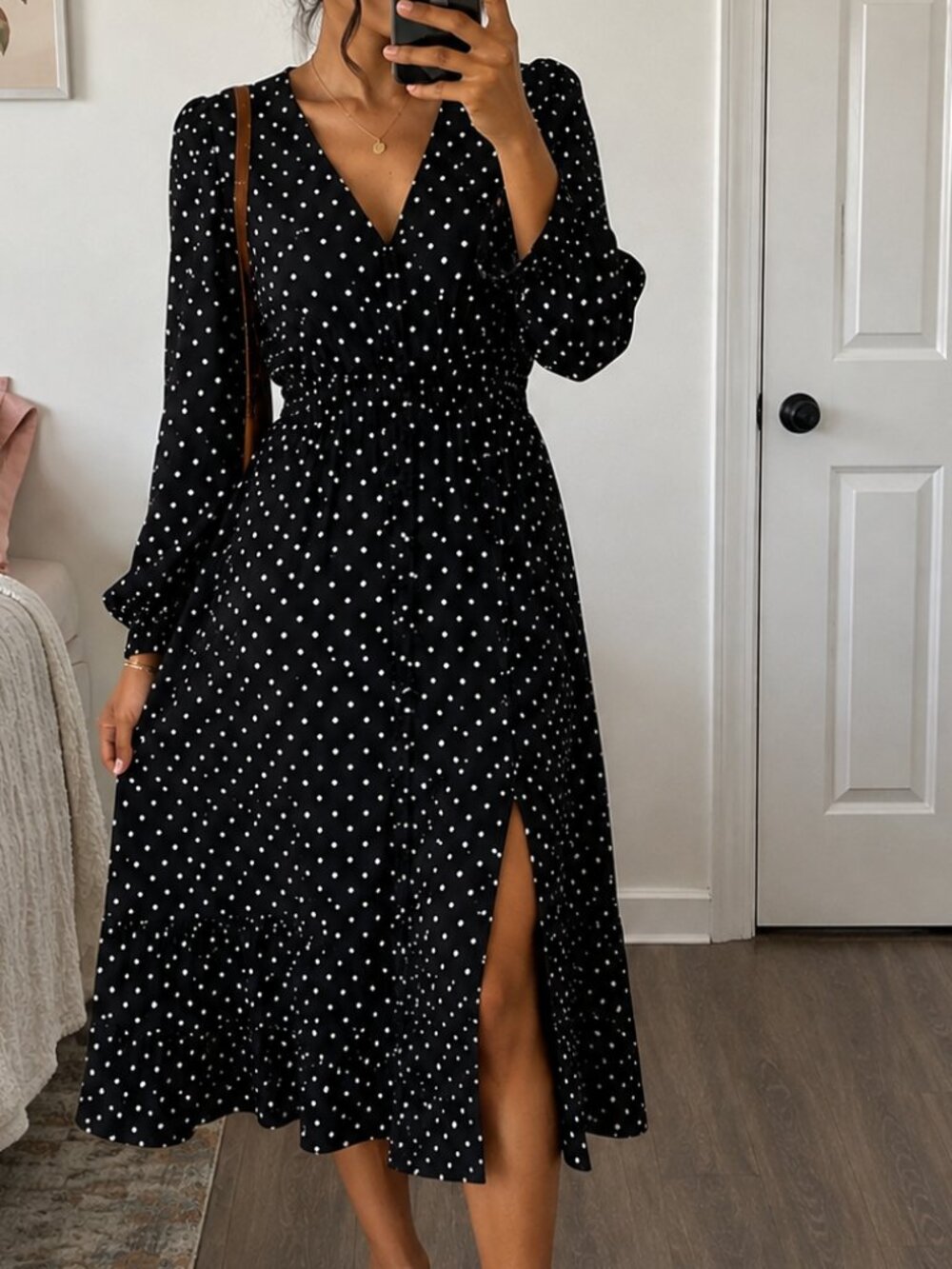 Zara Black White Polka Dot Midi Dress Long Sleeve V Neck Button Front Size M